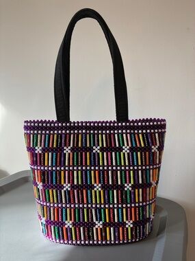Handcrafted Multicolor Beaded Tote with Black Handles